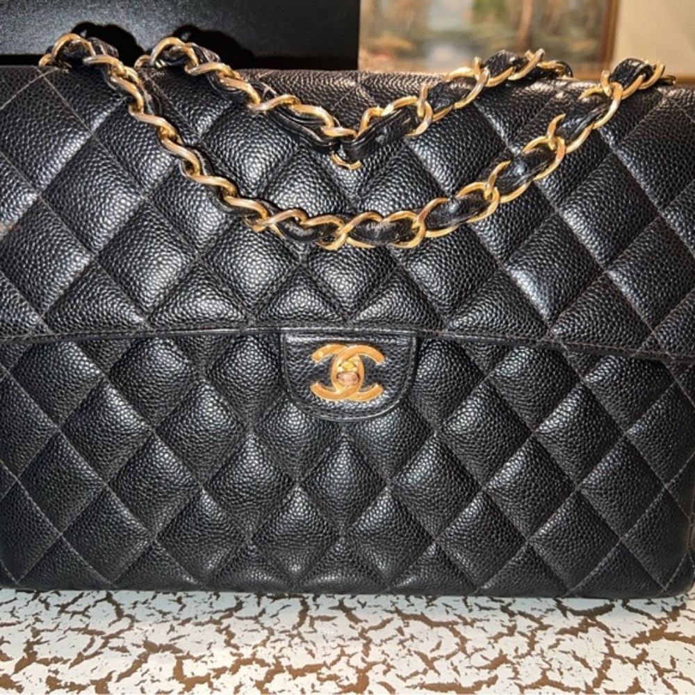 CHANEL Black JUMBO Square Caviar Quilted Shoulder Bag with Gold Chain